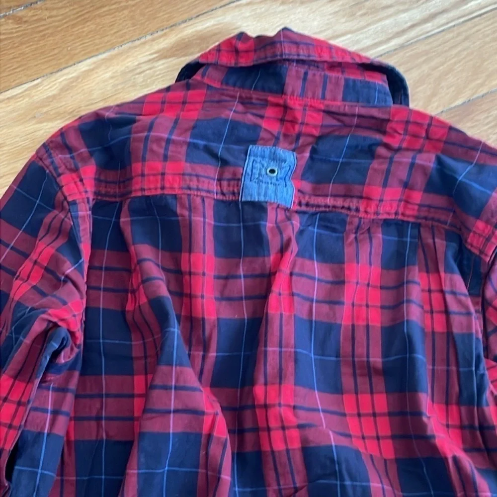 GAP Kids Boy M Red Plaid Navy Blue Button Down Long Sleeve Shirt Pockets Cotton